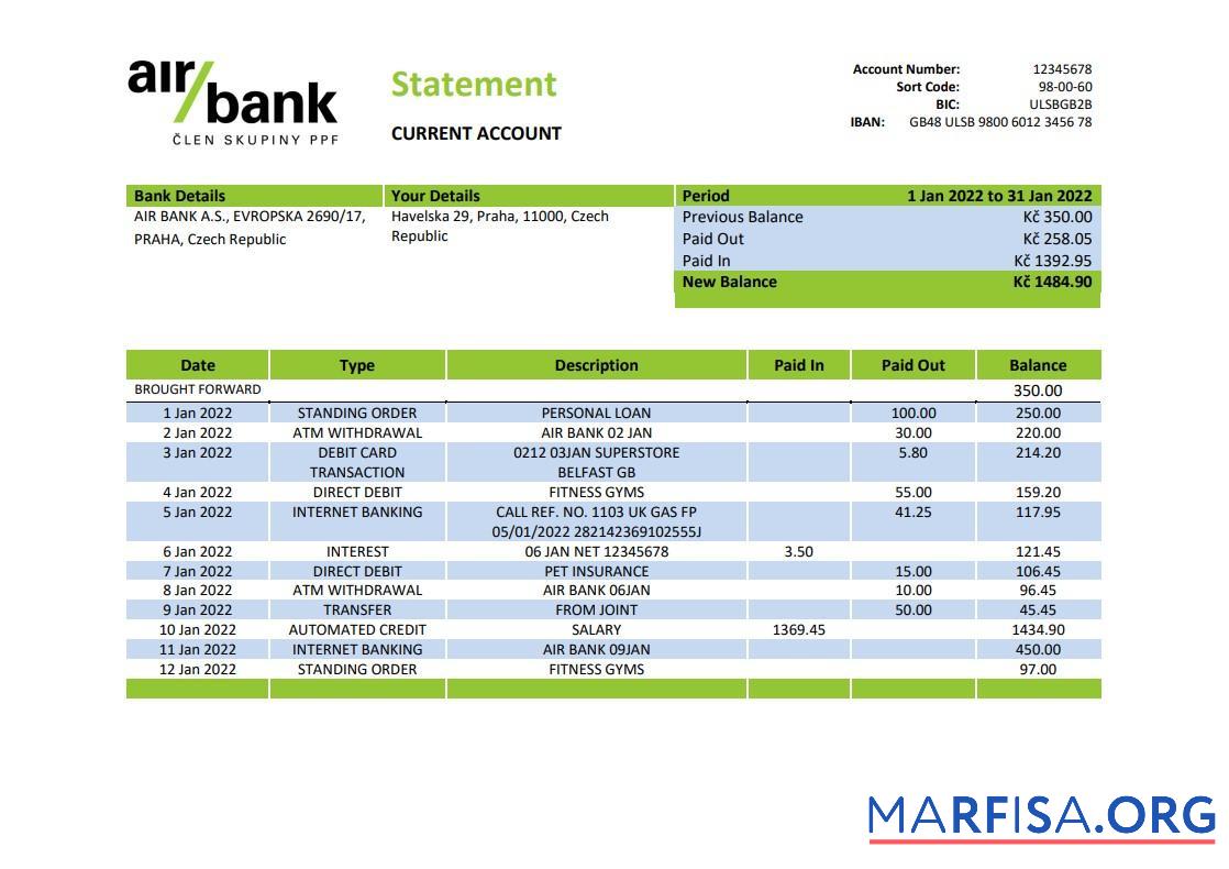 Downloadable Czechia Air bank statement word sample